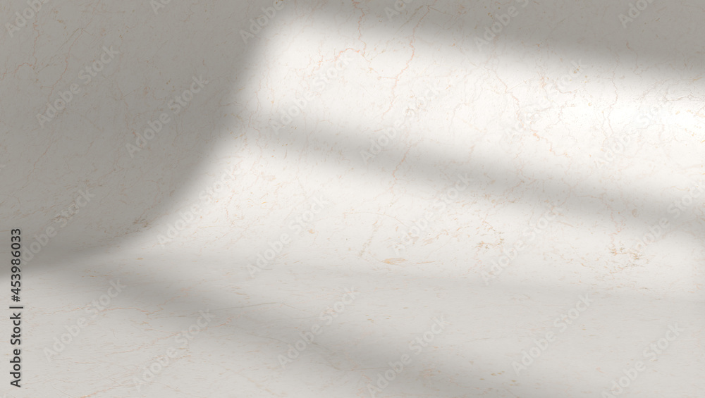 Poster empty studio with shadow from window. marble background. template for product presentation. 3d rende