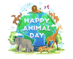 Obraz na płótnie Canvas Happy World Animal Day, Wildlife Day, Animals on the planet, Wildlife sanctuary. Flat Vector Illustration