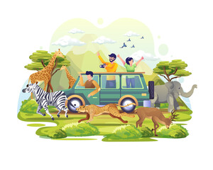 Obraz na płótnie Canvas People explore the savanna in a vehicle on World Animal Day. Animals on the planet, Wildlife Day with the animals. Flat Vector Illustration