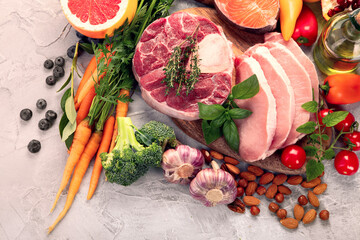 Paleo diet food on light gray background.