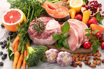 Paleo diet food on light gray background.