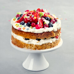 Delicious homemade cake with fresh berries and mascarpone cream on gray background.