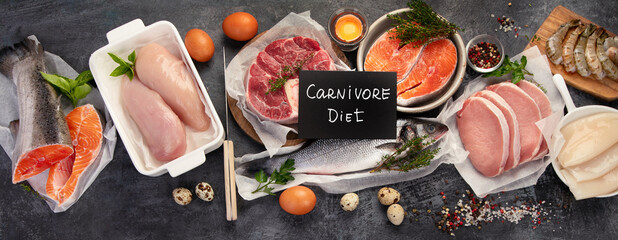 Carnivore diet on dark background.