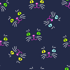 Obraz na płótnie Canvas Night seamless pattern with cute cat muzzles. Perfect for T-shirt, textile and prints. Doodle vector illustration for decor and design. 