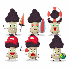 Happy Face gyromitra cartoon character playing on a beach