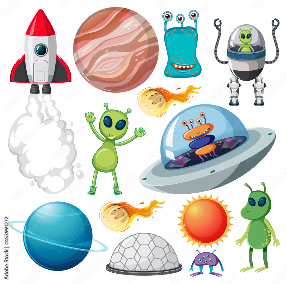 Wall mural set of various space objects on white background