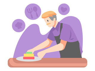 male chef is preparing food. on a purple background and icons images of spoons, forks, chef's hats, etc. suitable for activity theme, cooking, hobby, profession, family, etc. flat vector illustration