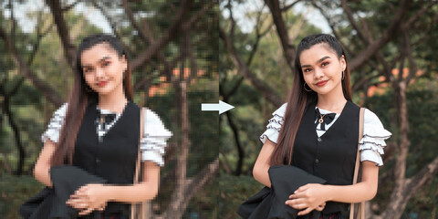 Example of AI Photo upscaling technology - A pixelated picture of a woman on the left, and the the enhanced version on the right.