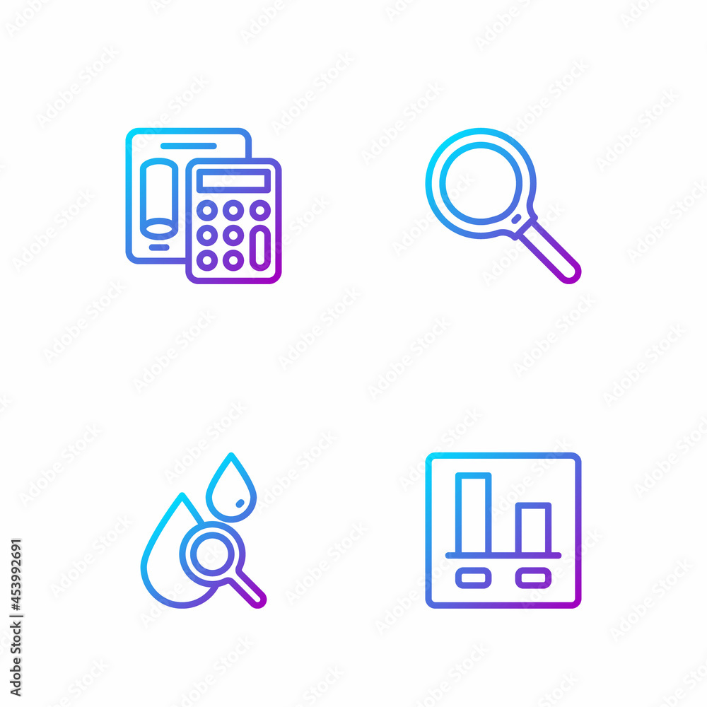 Poster set line graph chart infographic, drop and magnifying glass, calculator and magnifying. gradient col