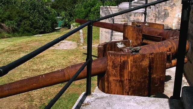 Bermuda's Alexandra Battery was armed with 9-inch muzzle loading guns. mounted behind iron battery shields, and completed in  in the 1860s.