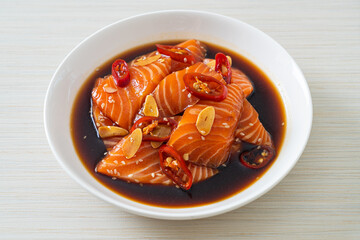 fresh salmon raw pickled in shoyu sauce
