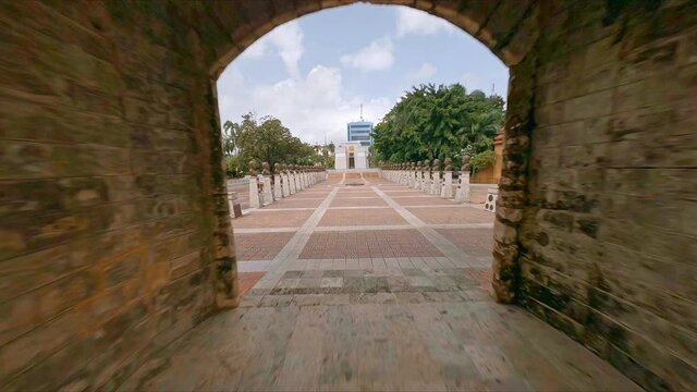 Fpv flight through historic gates of El Altar de la Partia in Santo Domingo.