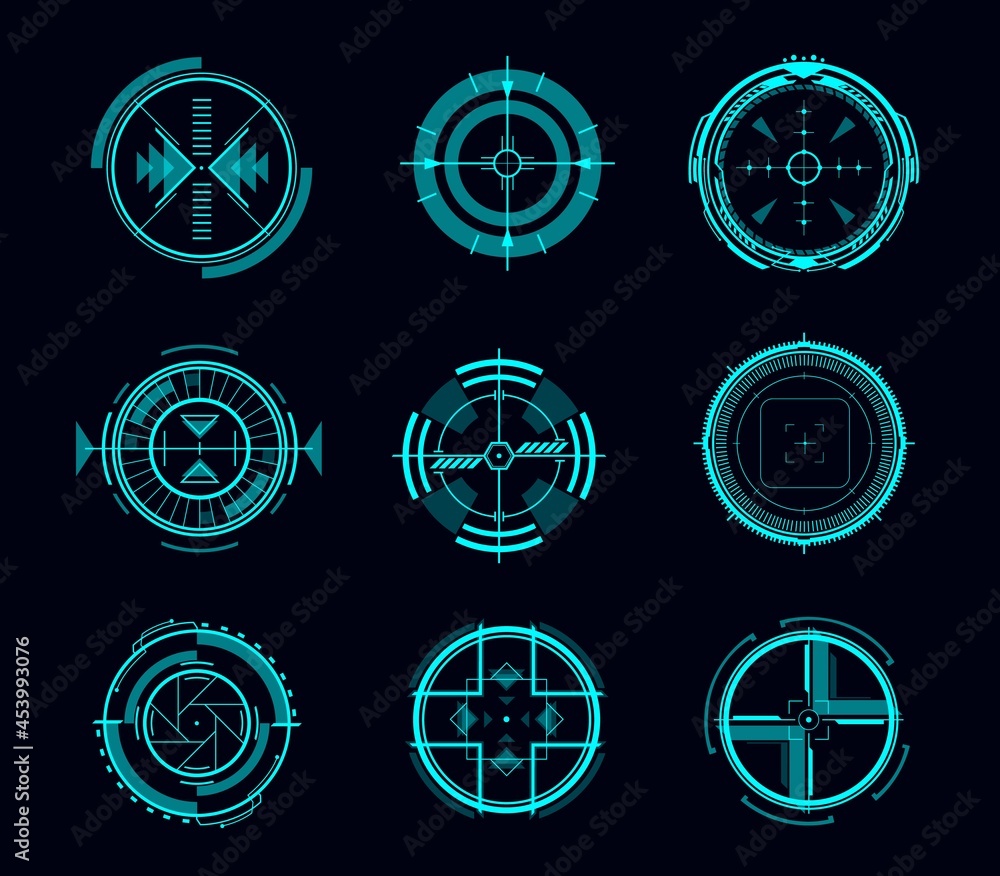 Aufkleber HUD aim control, futuristic target or navigation interface, vector game ui. Digital data screen, panel or dashboard of future technology head up display with blue hologram circles, arrows, crosshairs