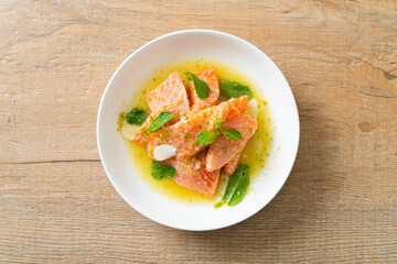 fresh salmon raw spicy seafood salad