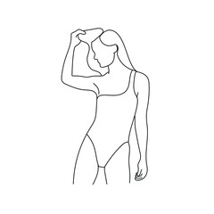 Outline silhouette of woman in swimsuit. Simple graphic minimal linear style. Female body. Beautiful model. Hand drawn art