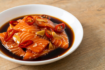 fresh salmon raw pickled in shoyu sauce