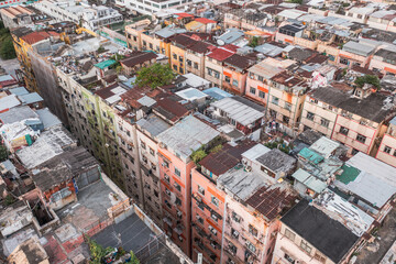 Amazing Colorful messy rooftop on dense residential house in Kowloon, Hong Kong