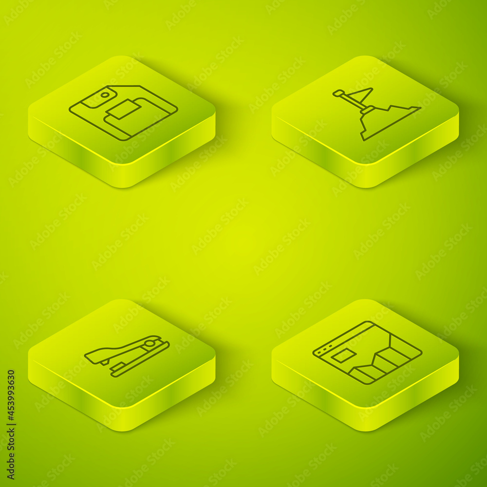 Poster set isometric line mountains with flag on top, stapler, graph chart infographic and floppy disk icon
