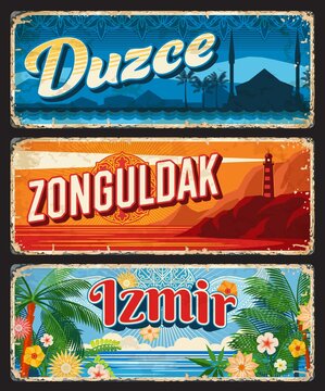 Duzce, Zonguldak and Izmir il, Turkey provinces vintage plates. Turkish republic travel grunge signs and stickers of mosque, lighthouse, Black Sea beach, palms, flowers and Islamic ornaments