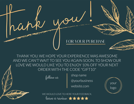 Vector illustration of a thank you card for business. Elegant card for decorating handmade products