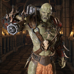 Orc in a medieval dungeon 3d illustration