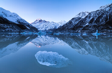 Aoraki Mount Cook reflected in Hooker Glacier terminal lake with iceberg, Aoraki Mount Cook...
