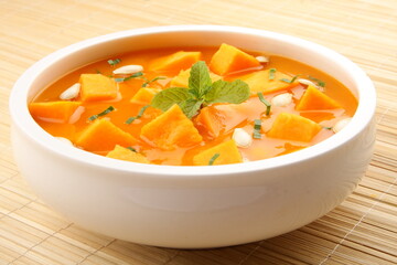 Fresh made traditional pumpkin cream soup.