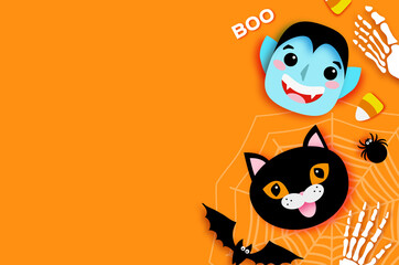 Happy Halloween. Monsters. Dracula and Black cat. Funny spooky vampire. Trick or treat. Bat, spider, web, candy, bones. Space for text Orange