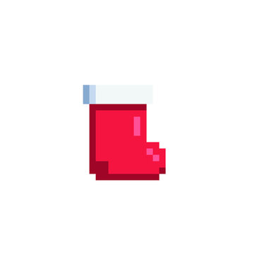 Winter red boot, Christmas stocking, sock, Red Santa's boot, Xmas icon, New Year greeting card design. Isolated vector illustration. Game assets 8-bit sprite. Design for stickers, web, mobile app.