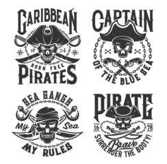 Fototapeta premium Tshirt prints with pirate skull in cocked hat and crossed sabers and guns. Vector mascot for apparel. T shirt print design with typography. Caribbean Jolly roger monochrome isolated emblems or labels