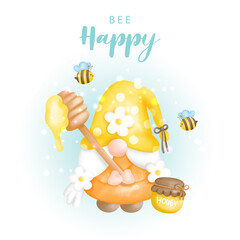 Bee happy with cute gnome and bees, Digital paint vector illustration.