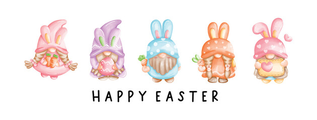 Happy Easter Banner with gnomes, Vector illustration. 