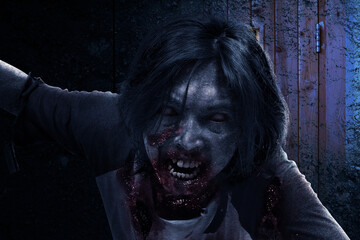 Scary zombie with blood and wound on his body standing