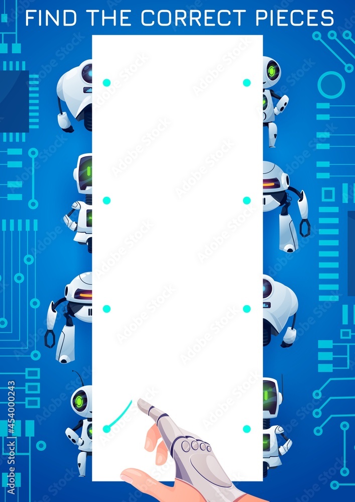 Poster find the piece of robot kids maze game. match the halves vector test with cartoon cyborgs, androids,