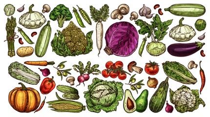 Farm and garden vegetable sketches. Hand drawn vector cabbage, cauliflower and asparagus, pumpkin, pattypan squash and eggplant, tomato, mushrooms and olives, radish, cucumbers and peppers, avocado