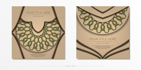 Beige color postcard design with mandala ornament. Invitation card design with space for your text and abstract patterns.