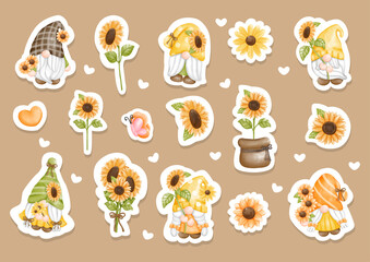 Sunflower gnomes sticker, planner. Digital painting. 