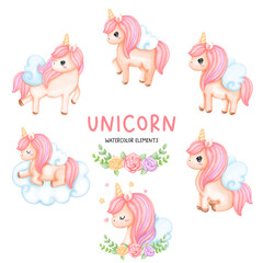 Digital paint watercolor unicorn, unicorn watercolor element. 