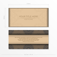 Template for print design postcards in Beige color with mandala patterns. Vector Preparation of invitation card with place for your text and abstract ornament.