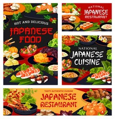 Japanese cuisine restaurant dishes posters and banners. Kenko yaki, rice with seafood and philadelphia roll, nigiri, temaki and uramaki sushi, noodle and shrimp soup, ice cream and shish kebab vector