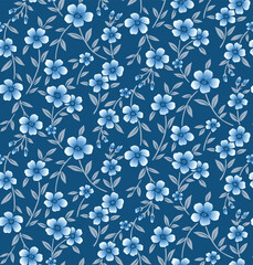 Japanese Blue Cute Flower Branch Vector Seamless Pattern