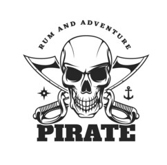 Pirate skull and crossed sabres icon. Creepy human skull with clenched scary teeth, crossed cutlass short broad sabre or slashing swords, anchor and wind rose. Filibuster or privateer vector emblem