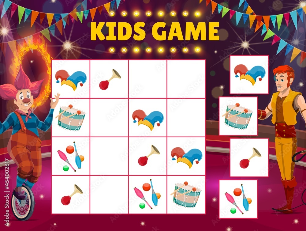 Poster Kids maze game with circus sudoku with clown and tamer. Vector riddle with cartoon shapito items beep, hat, drum and juggling pins or balls on board. Children educational task, boardgame with cards