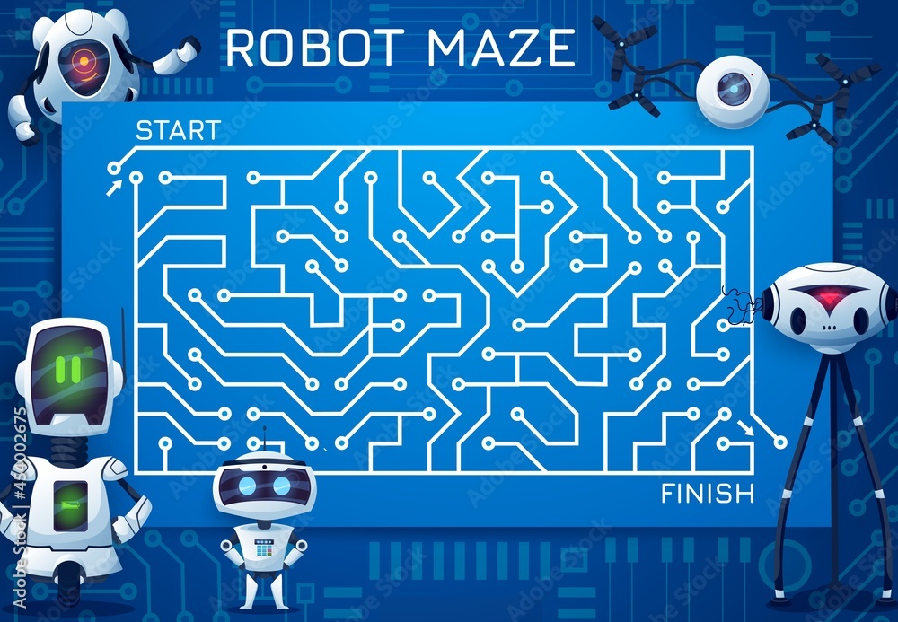Leinwandbilder labyrinth maze game with motherboard and robots. cartoon kids vector boardgame, find correct way tes