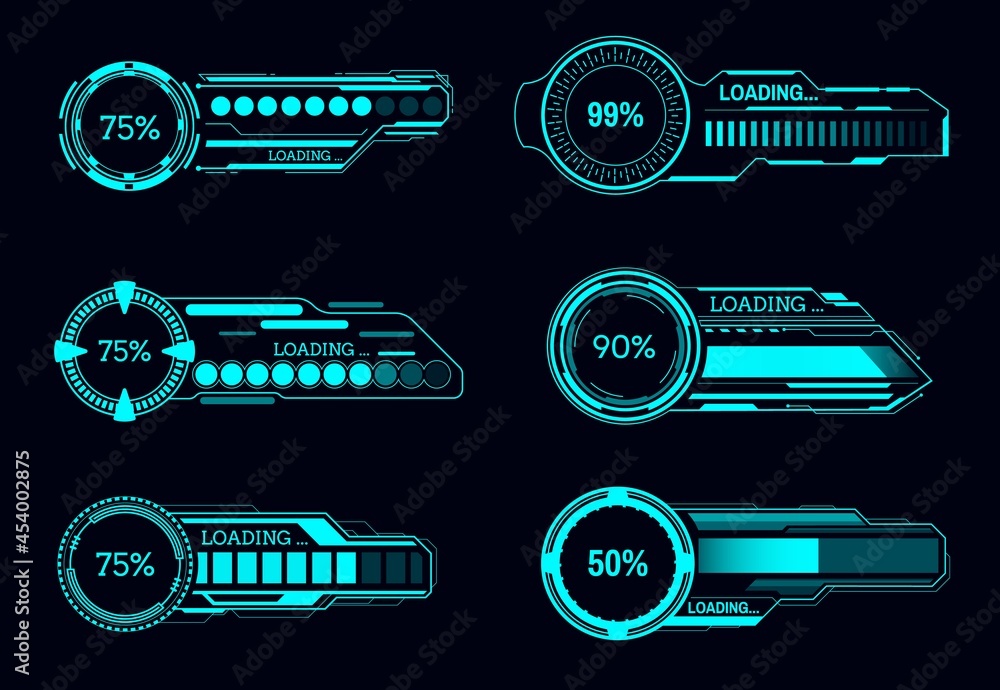 Leinwandbilder HUD futuristic loading progress bars, Sci Fi vector user interface. Game ui digital screen or control panel, future technology dashboard elements of neon status bars with progress indicators