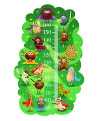 Kids height chart, nuts superheroes and defenders, vector growth meter background. Kids height chart or baby measure scale with cartoon super heroes nuts in masks and capes