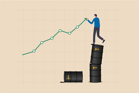 Oil price rising up, crude oil commodity price growth after crisis, high demand or energy or gasoline industry concept, businessman trader standing on stack of oil gallon drawing rising up graph.