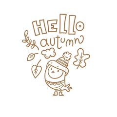 Autumn card with cute cartoon bird. Animal in hat with leaves. Illustration for children. Vector outline image.