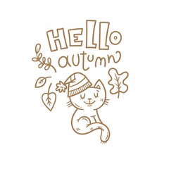 Autumn card with cute cartoon cat. Kitten in hat with leaves. Illustration for children. Vector outline pet.