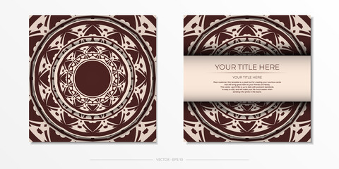 Preparing an invitation with a place for your text and abstract ornament. Template for print design postcards in Beige color with mandala patterns.